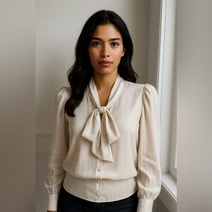 NWT aeom blouse puff shoulder button down champagne sparkle thread pussybow S‍